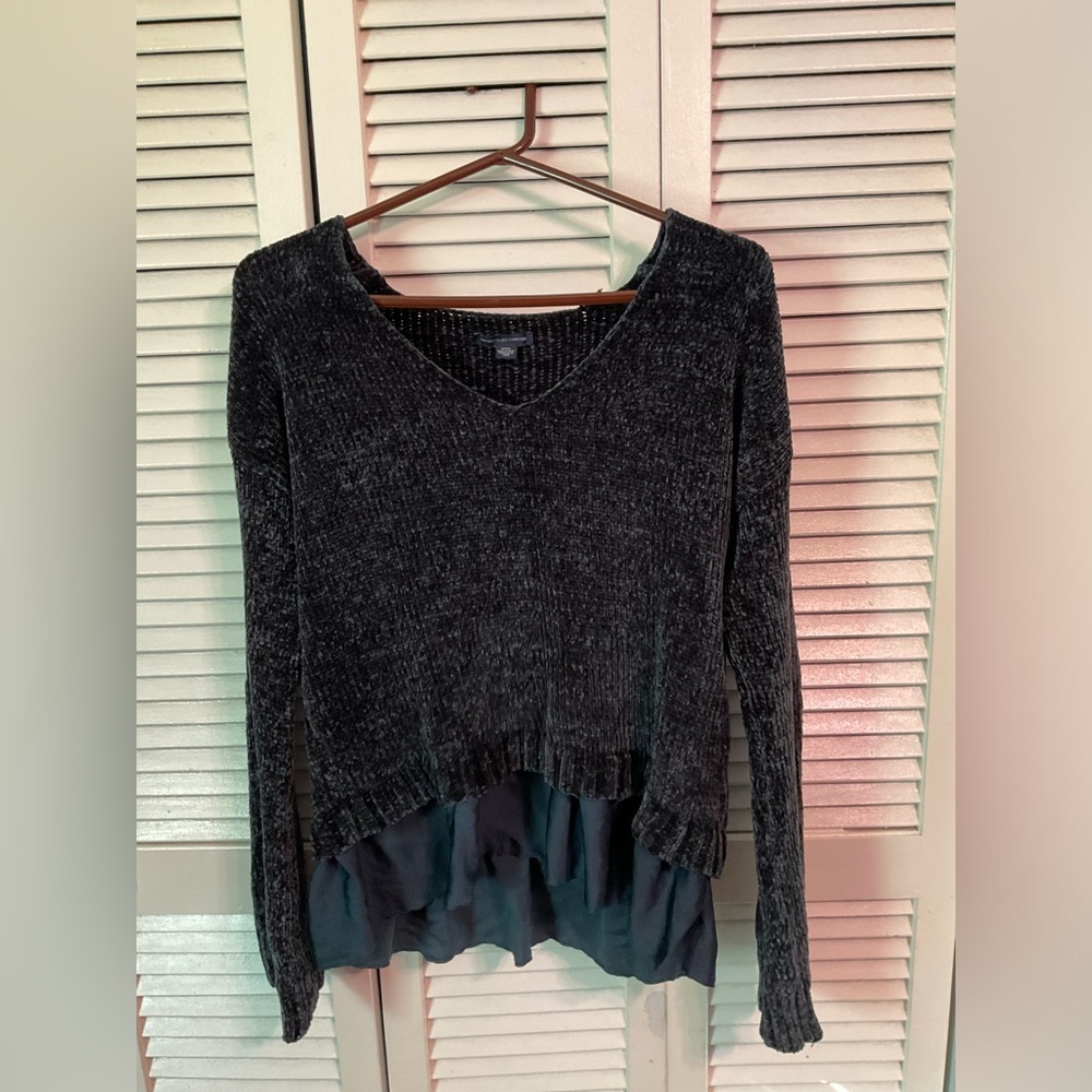 American Eagle Women’s Navy Chenille Sweater with Ruffle Hem